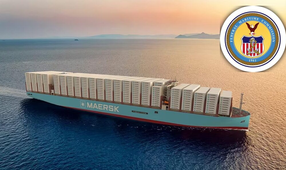 A Maersk container ship with the Federal Maritime Commission emblem featured.