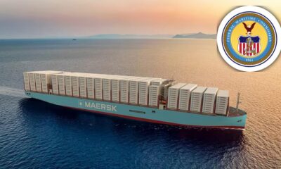 A Maersk container ship with the Federal Maritime Commission emblem featured.